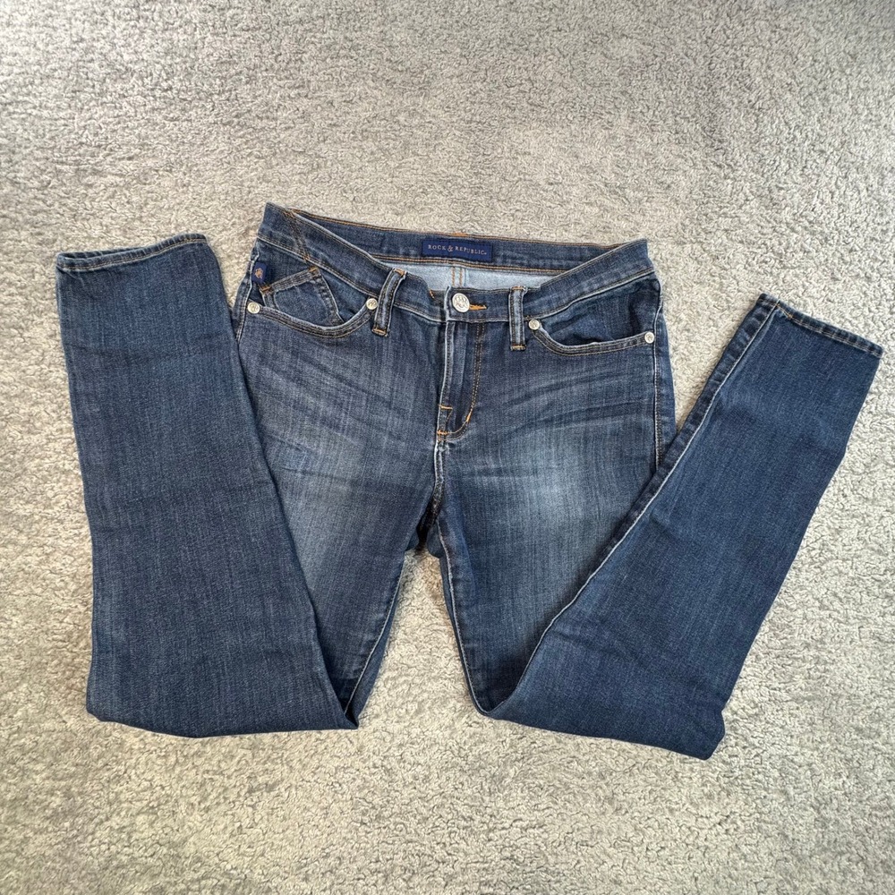 Rock & Republic Women Skinny Jeans Dark Wash Blue Embroidered Pockets Size 32x30
